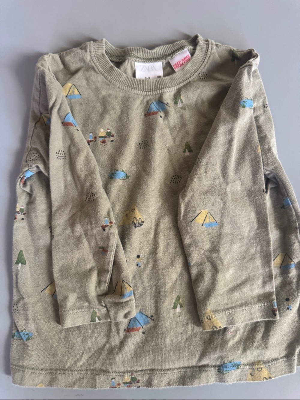 Zara Beige Long Sleeve Camp Tee with Blue & Yellow Accents